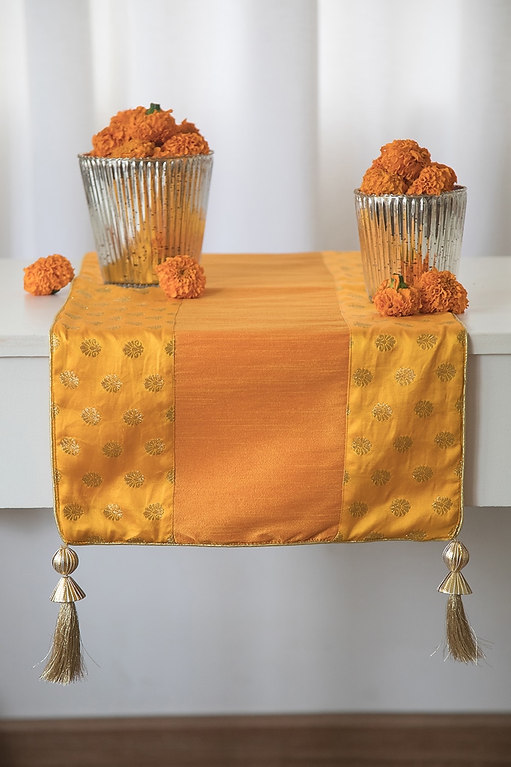 Mango Yellow Brocade Silk Table Runner by Chrysante By Gunjan Gupta