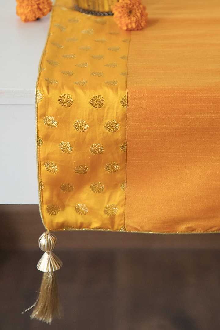 Mango Yellow Brocade Silk Table Runner by Chrysante By Gunjan Gupta at Pernia's Pop Up Shop