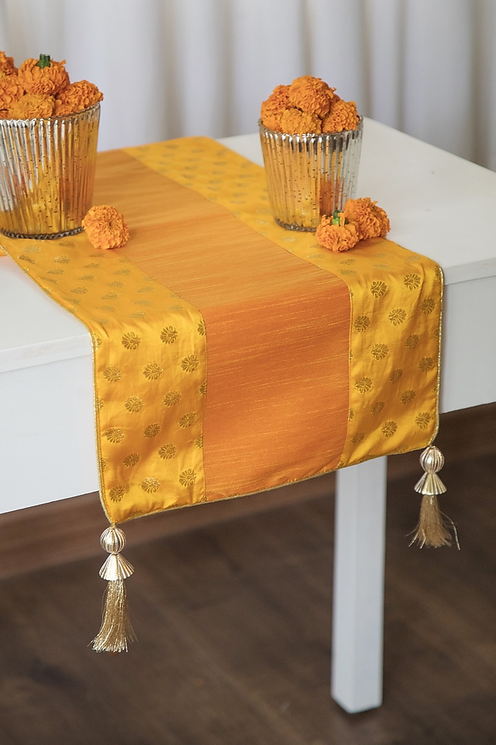 Mango Yellow Brocade Silk Table Runner by Chrysante By Gunjan Gupta at Pernia's Pop Up Shop