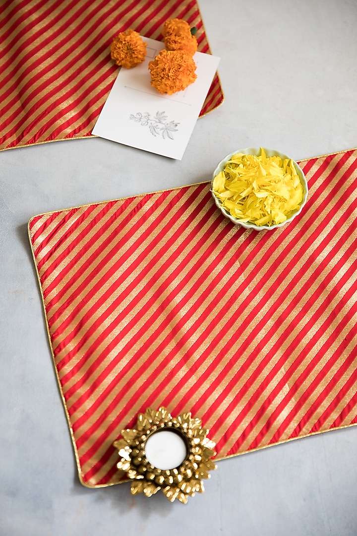 Red & Golden Brocade Silk Placemat Set by Chrysante By Gunjan Gupta at Pernia's Pop Up Shop