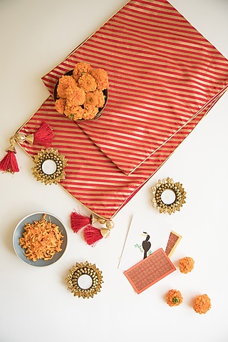 Red & Golden Brocade Silk Table Runner & Mat Combo Set by Chrysante By Gunjan Gupta