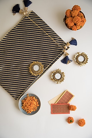 Blue & Golden Brocade Silk Table Runner & Mat Combo Set by Chrysante By Gunjan Gupta