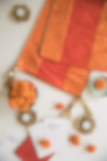 Orange & Red Brocade Silk Table Runner & Mat Combo Set by Chrysante By Gunjan Gupta
