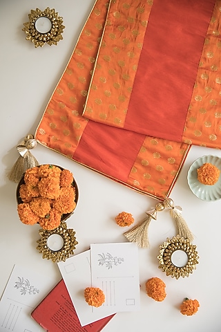 Orange & Red Brocade Silk Table Runner & Mat Combo Set by Chrysante By Gunjan Gupta