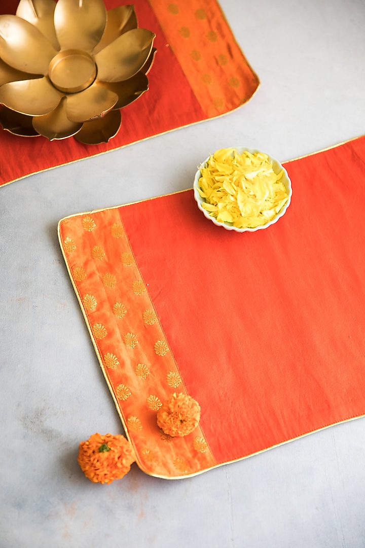 Orange & Red Brocade Silk Table Runner & Mat Combo Set by Chrysante By Gunjan Gupta at Pernia's Pop Up Shop