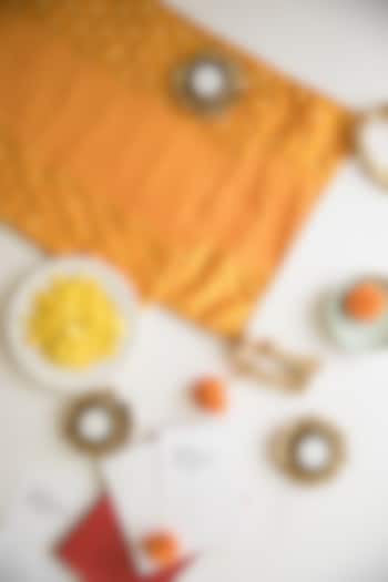 Mango-Yellow Brocade Silk Table Runner & Mat Combo Set by Chrysante By Gunjan Gupta