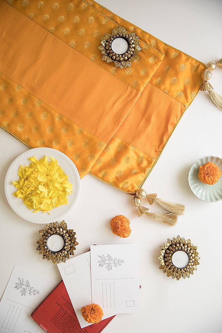 Mango-Yellow Brocade Silk Table Runner & Mat Combo Set by Chrysante By Gunjan Gupta