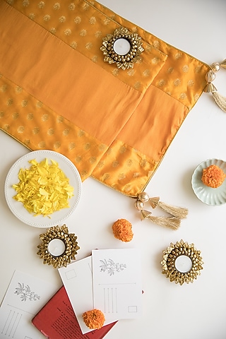 Mango-Yellow Brocade Silk Table Runner & Mat Combo Set by Chrysante By Gunjan Gupta