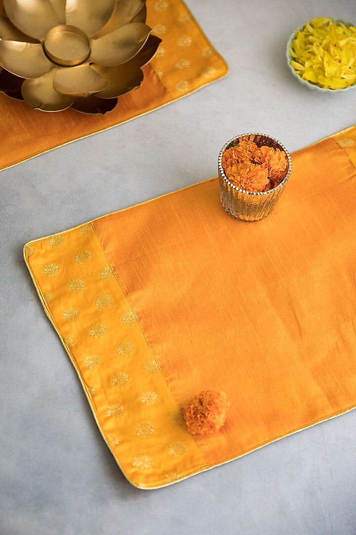 Mango-Yellow Brocade Silk Table Runner & Mat Combo Set by Chrysante By Gunjan Gupta at Pernia's Pop Up Shop