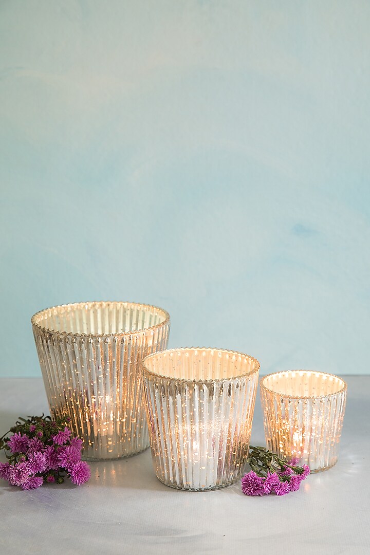 Silver & Gold Glass Candle Holders (Set of 3) by Chrysante By Gunjan Gupta at Pernia's Pop Up Shop