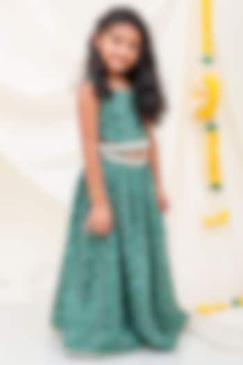 Green Chinon Bandhani Printed Texture Embroidered Lehenga Set For Girls by My Mini Trunk at Pernia's Pop Up Shop