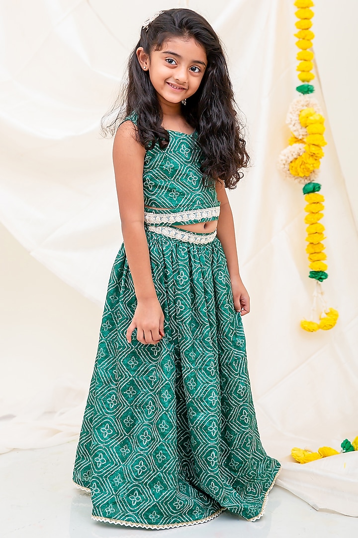 Green Chinon Bandhani Printed Texture Embroidered Lehenga Set For Girls by My Mini Trunk at Pernia's Pop Up Shop