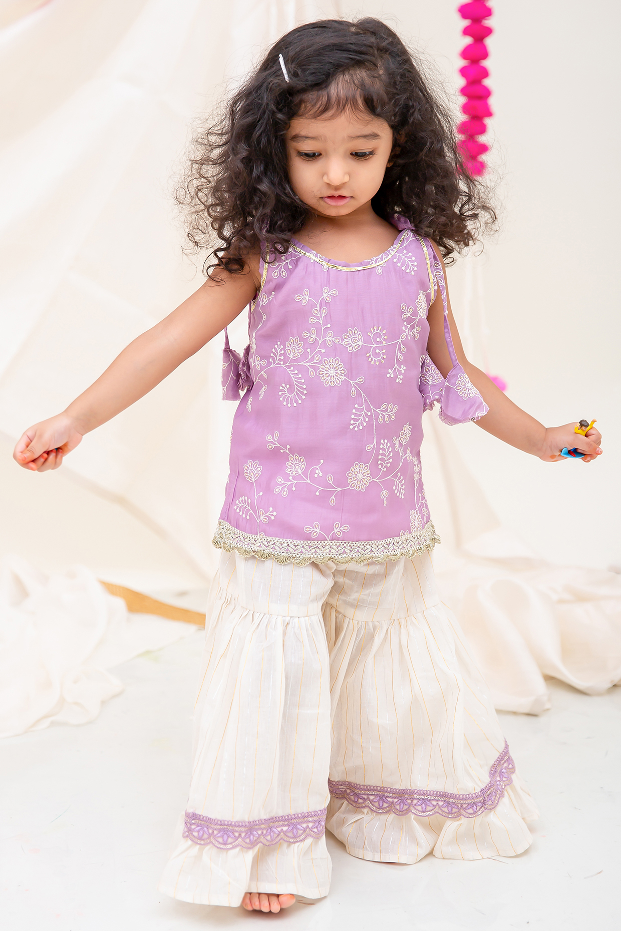 Lilac Lurex & Cotton Striped Sharara Set For Girls by My Mini Trunk at Pernia's Pop Up Shop