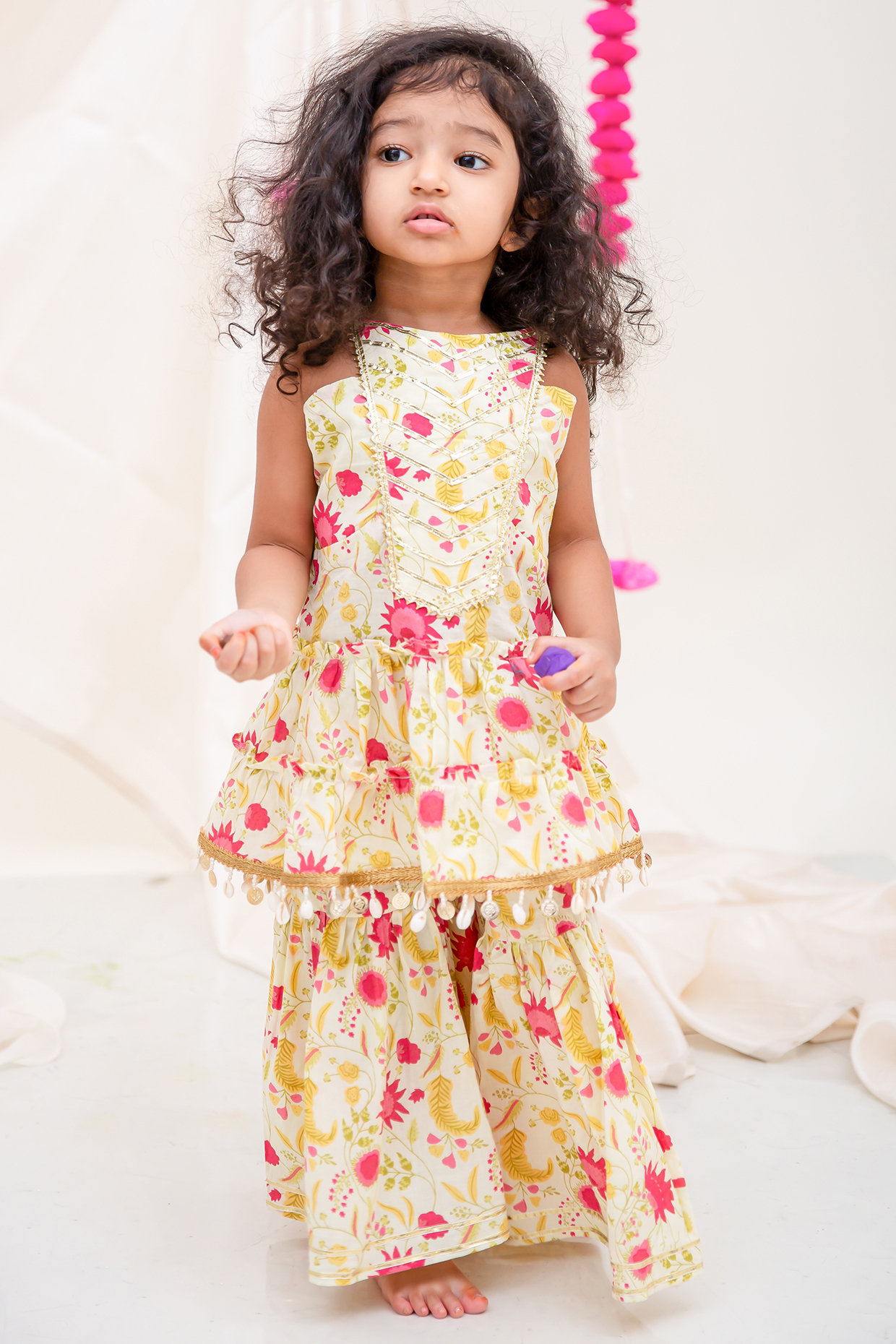 Lemon Yellow Cotton Tiered Sharara Set For Girls by My Mini Trunk at Pernia's Pop Up Shop