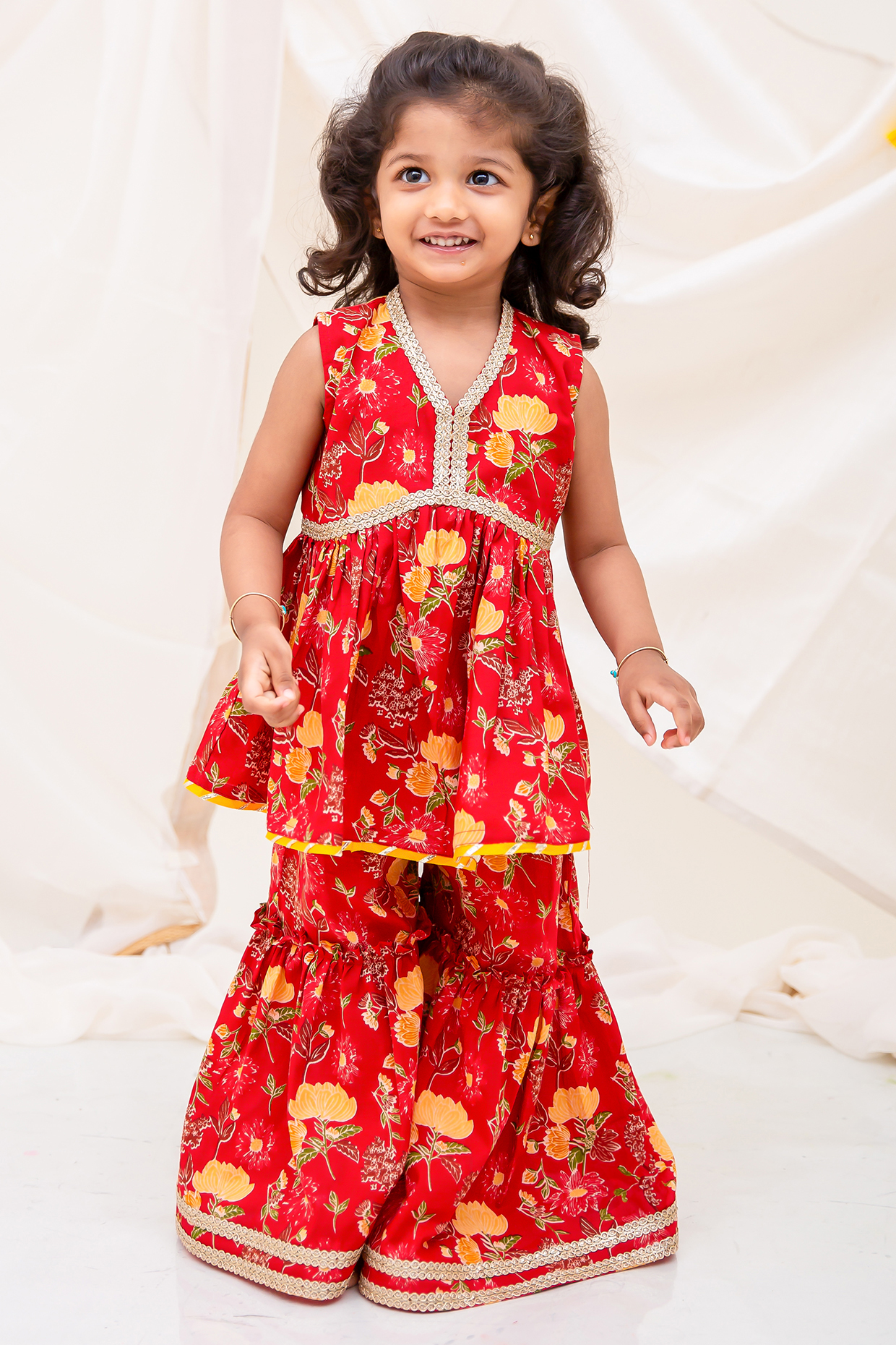 Red Cotton Block Printed Sharara Set For Girls by My Mini Trunk at Pernia's Pop Up Shop