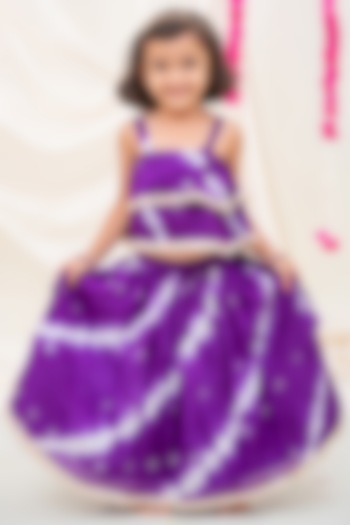 Purple Chinon Leheriya Printed & Boota Lehenga Set For Girls by My Mini Trunk at Pernia's Pop Up Shop