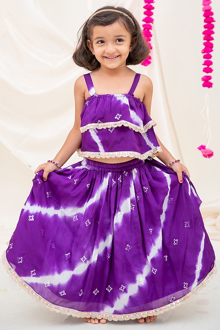 Purple Chinon Leheriya Printed & Boota Lehenga Set For Girls by My Mini Trunk at Pernia's Pop Up Shop