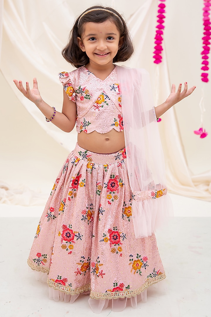 Ash Pink Georgette Sequins & Thread Embroidered Lehenga Set For Girls by My Mini Trunk at Pernia's Pop Up Shop