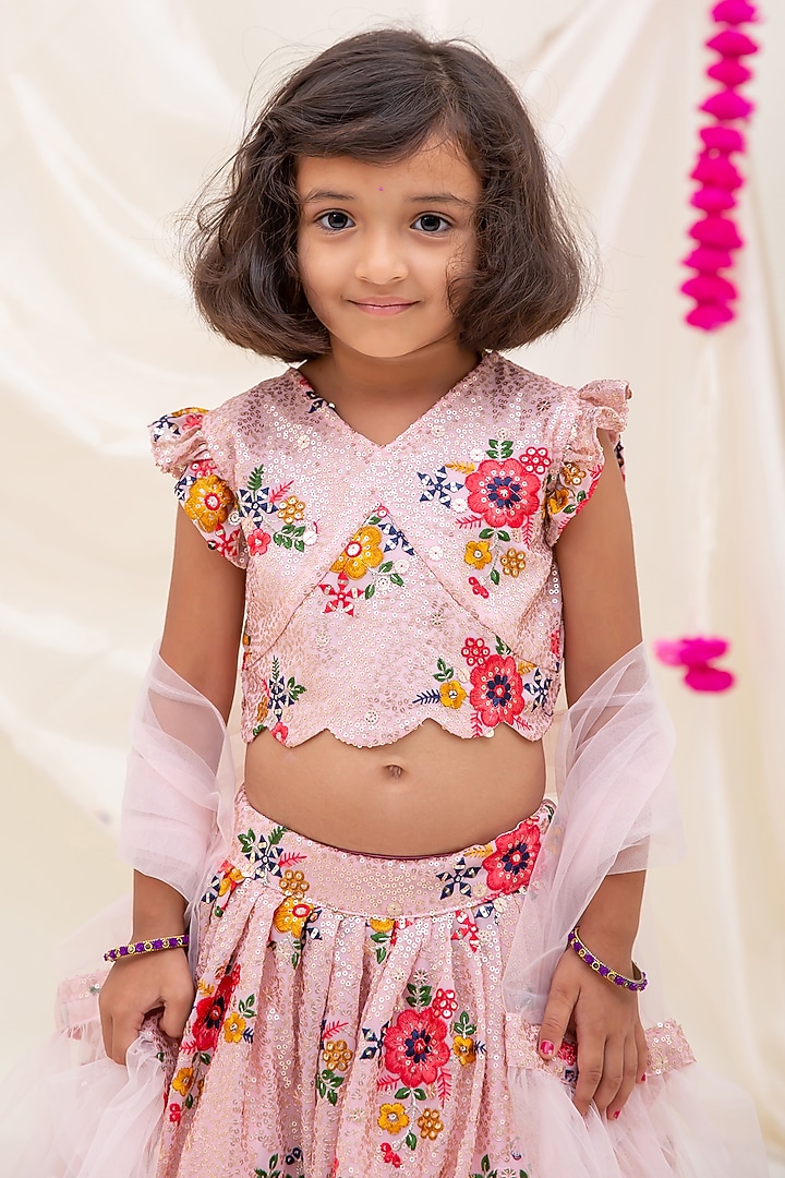 Ash Pink Georgette Sequins & Thread Embroidered Lehenga Set For Girls by My Mini Trunk at Pernia's Pop Up Shop