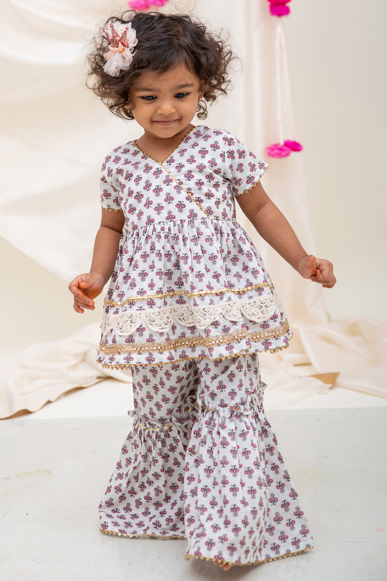 Off-White Cotton Printed & Boota Sharara Set For Girls by My Mini Trunk at Pernia's Pop Up Shop