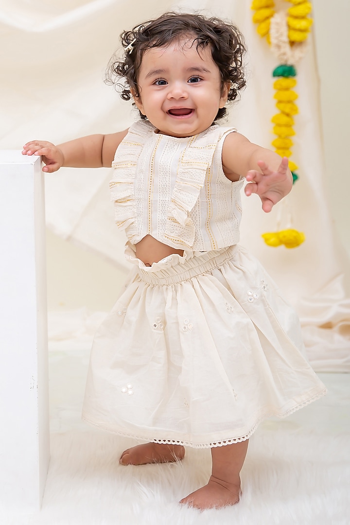 Off-White Lurex Mirror Embroidered Lehenga Set For Girls by My Mini Trunk at Pernia's Pop Up Shop