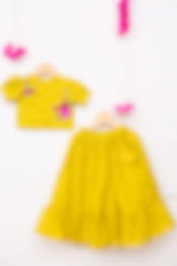 Green Silk Chanderi Tiered Lehenga Set For Girls by My Mini Trunk at Pernia's Pop Up Shop