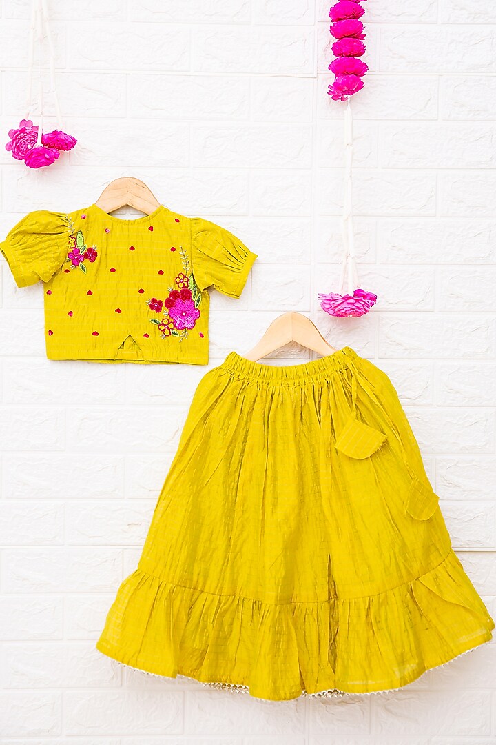 Green Silk Chanderi Tiered Lehenga Set For Girls by My Mini Trunk at Pernia's Pop Up Shop