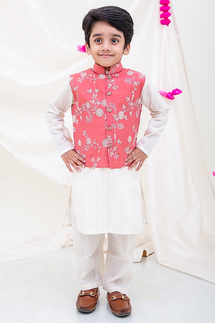 Peach Lurex Nehru Jacket Set For Boys by My Mini Trunk