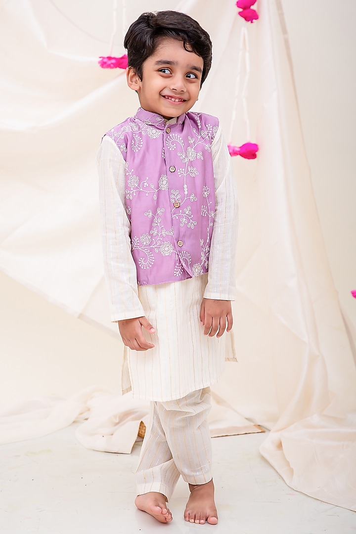 Lilac Lurex Striped Nehru Jacket Set For Boys by My Mini Trunk