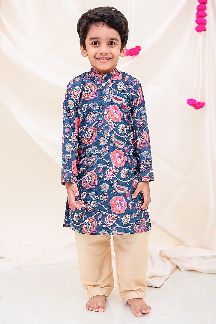 Midnight Blue Chinon Texture Embroidered Kurta Set For Boys by My Mini Trunk