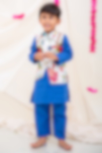 Blue Linen Cotton Nehru Jacket Set For Boys by My Mini Trunk