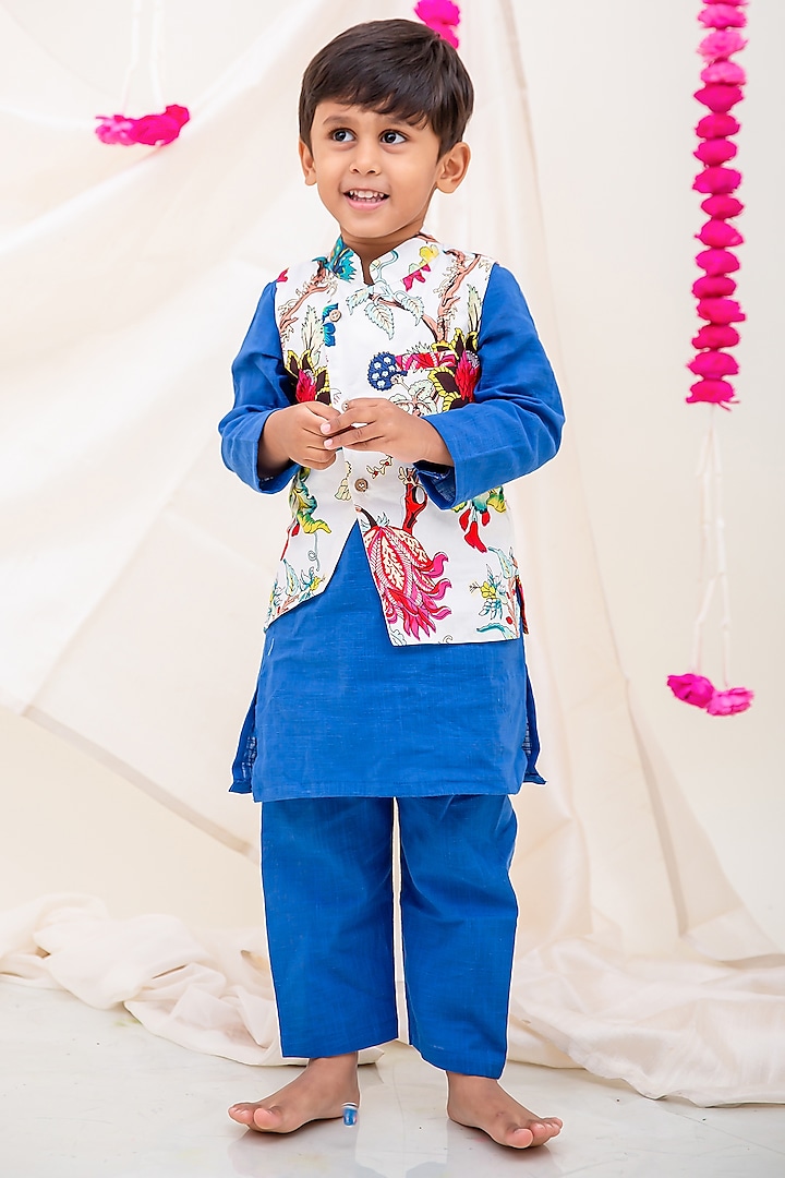 Blue Linen Cotton Nehru Jacket Set For Boys by My Mini Trunk