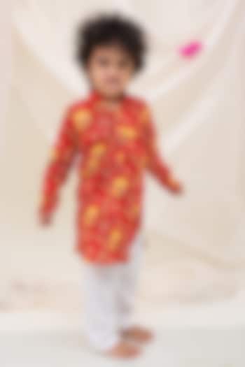 Red Cotton Block Printed Pathani Kurta Set For Boys by My Mini Trunk