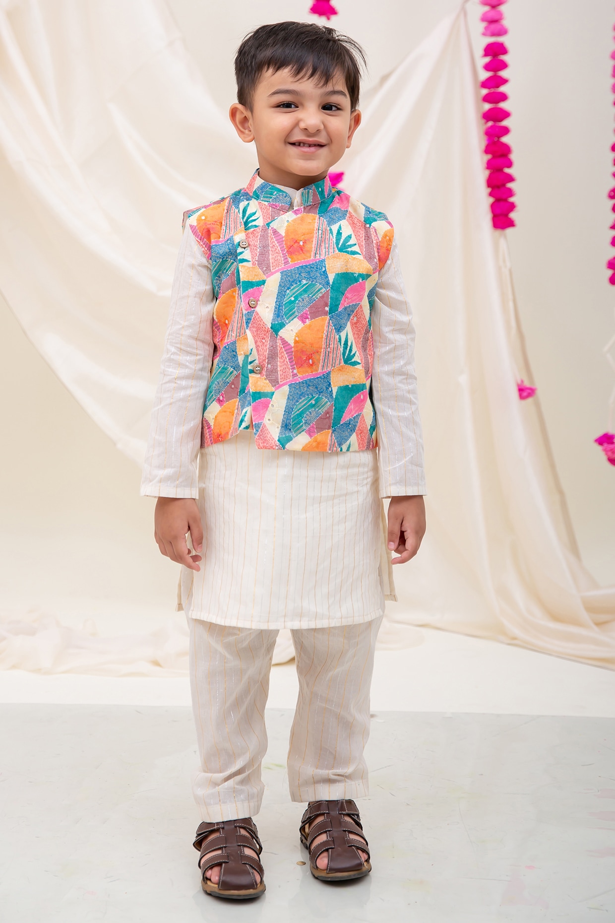 Multi Colored Lurex Digital Printed Nehru Jacket Set For Boys by My Mini Trunk at Pernia s Pop Up Shop