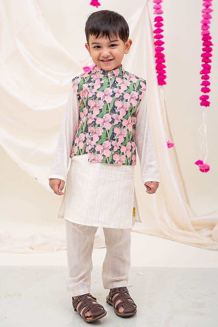 Multi-Colored Lurex Digital Printed Nehru Jacket Set For Boys by My Mini Trunk