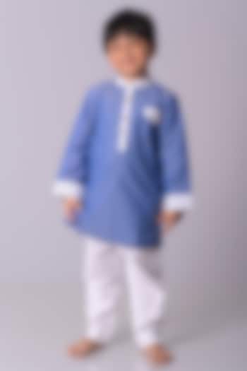 Blue Chambray Cotton Striped Kurta Set For Boys by My Mini Trunk