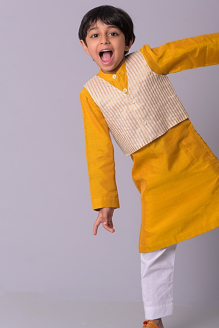 Gold Hand Woven Silk Zari Striped Jacket set For Boys by My Mini Trunk