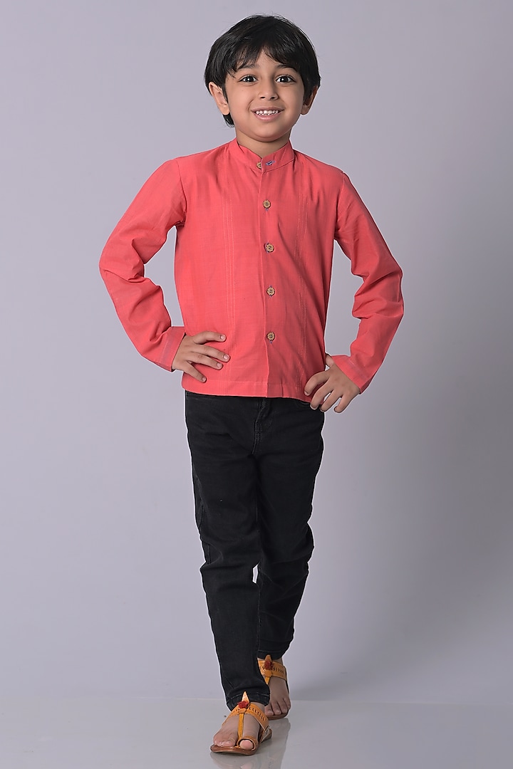 Pink Handloom Cotton Shirt For Boys by My Mini Trunk