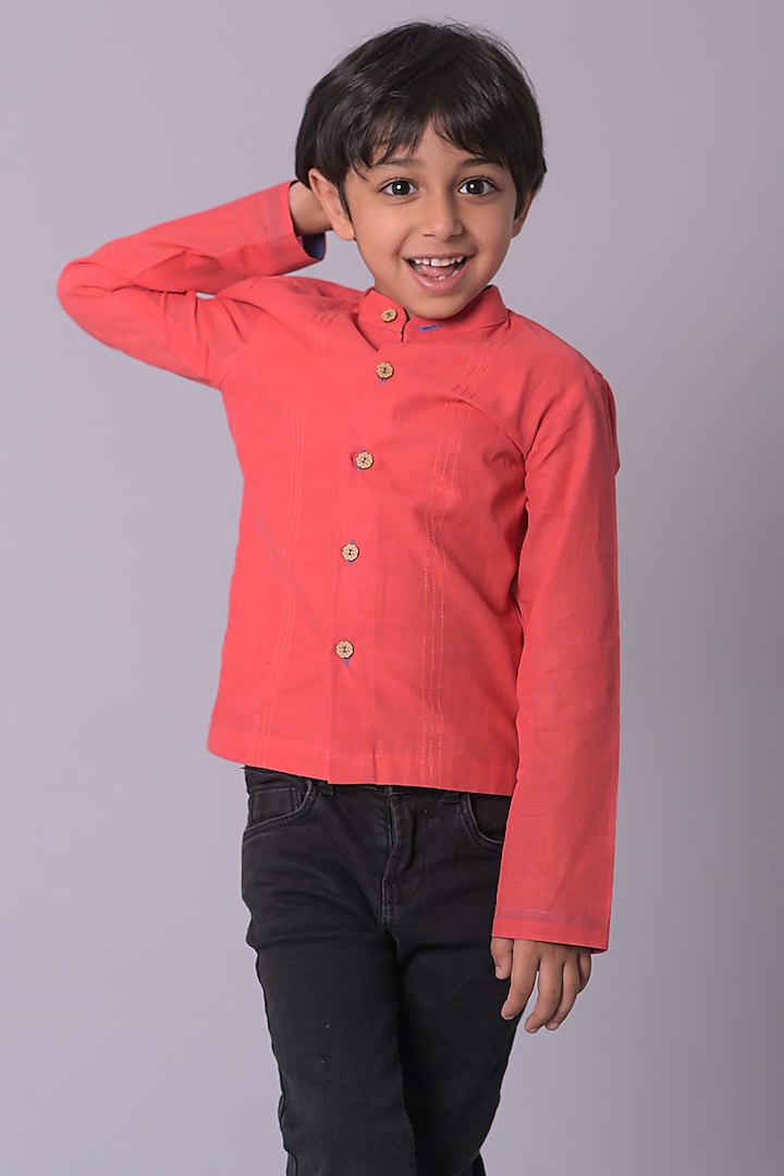 Pink Handloom Cotton Shirt For Boys by My Mini Trunk at Pernia's Pop Up Shop
