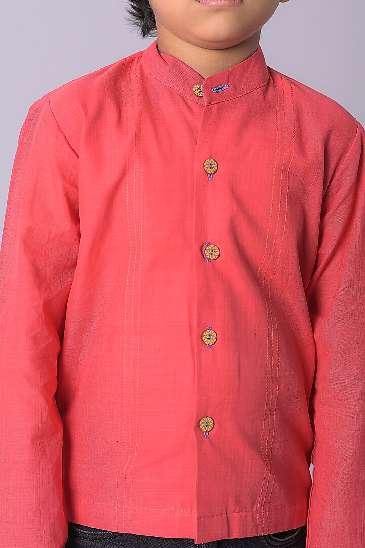 Pink Handloom Cotton Shirt For Boys by My Mini Trunk at Pernia's Pop Up Shop