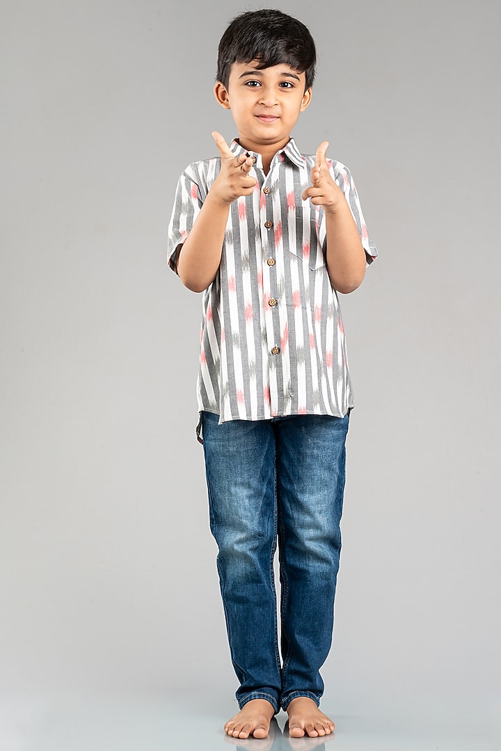 Grey Cotton Ikat Printed Shirt For Boys by My Mini Trunk