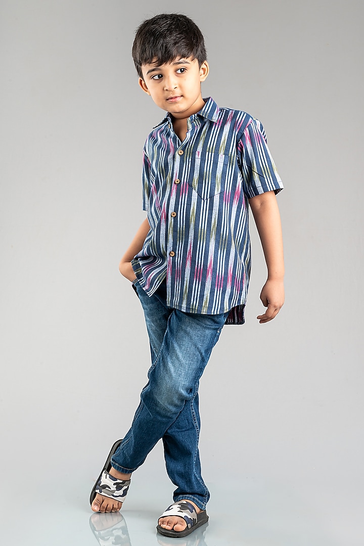 Blue Cotton Ikat Printed Shirt For Boys by My Mini Trunk