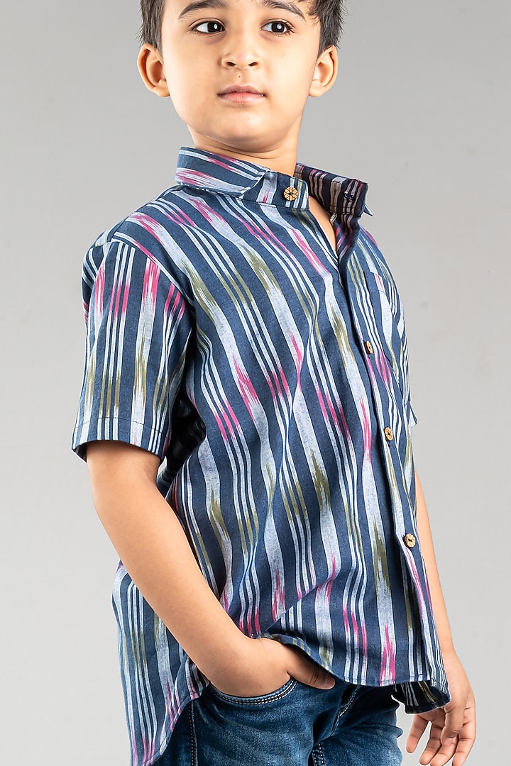 Blue Cotton Ikat Printed Shirt For Boys by My Mini Trunk at Pernia's Pop Up Shop