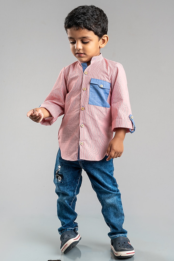 Red Cotton Striped Shirt For Boys by My Mini Trunk