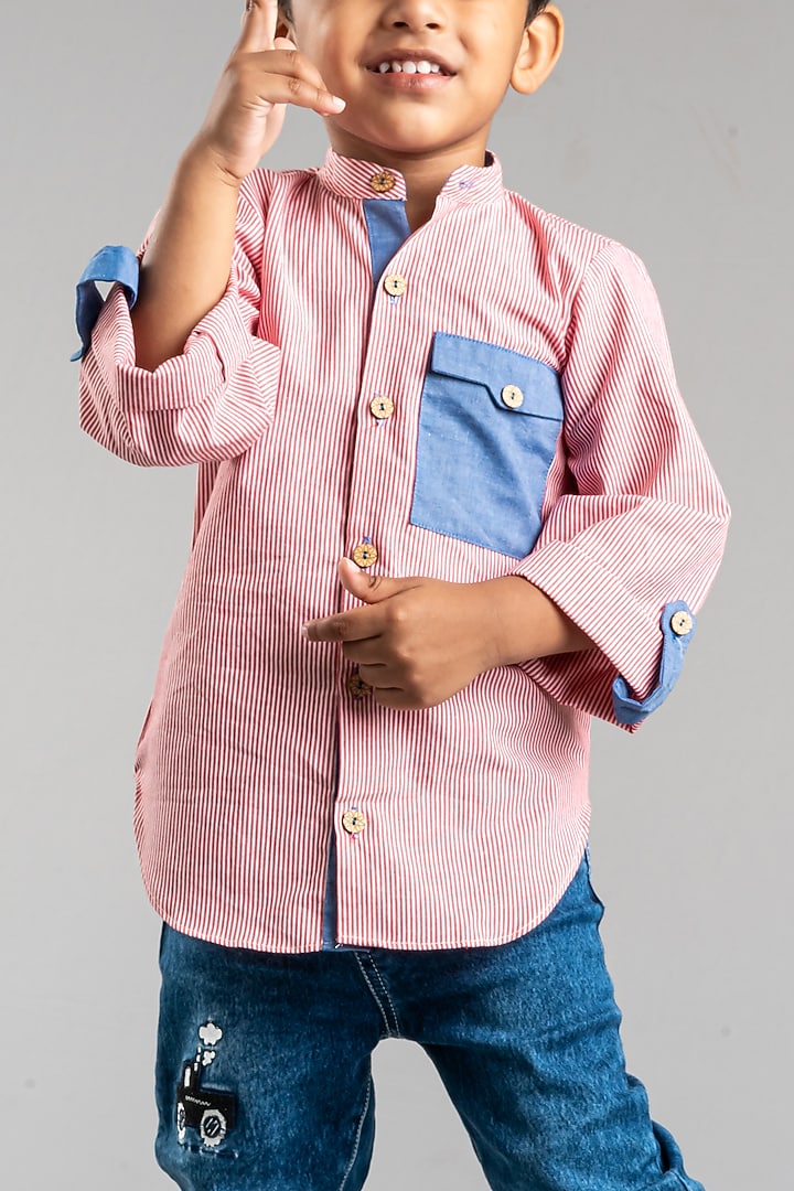 Red Cotton Striped Shirt For Boys by My Mini Trunk at Pernia's Pop Up Shop