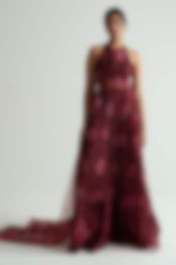 Cherry Red Silk Organza Floral Printed Halter Tunic Set by MMVM at Pernia's Pop Up Shop