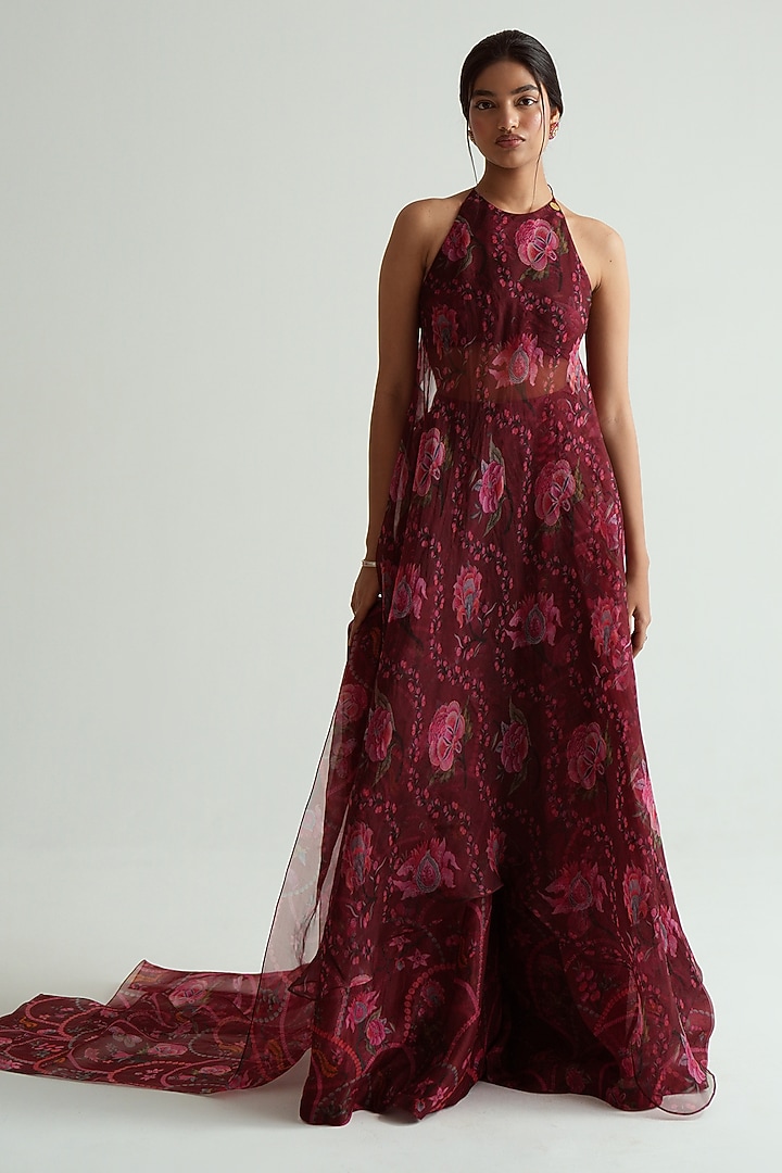 Cherry Red Silk Organza Floral Printed Halter Tunic Set by MMVM at Pernia's Pop Up Shop