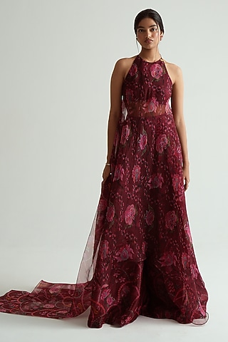 Cherry Red Silk Organza Floral Printed Halter Tunic Set by MMVM