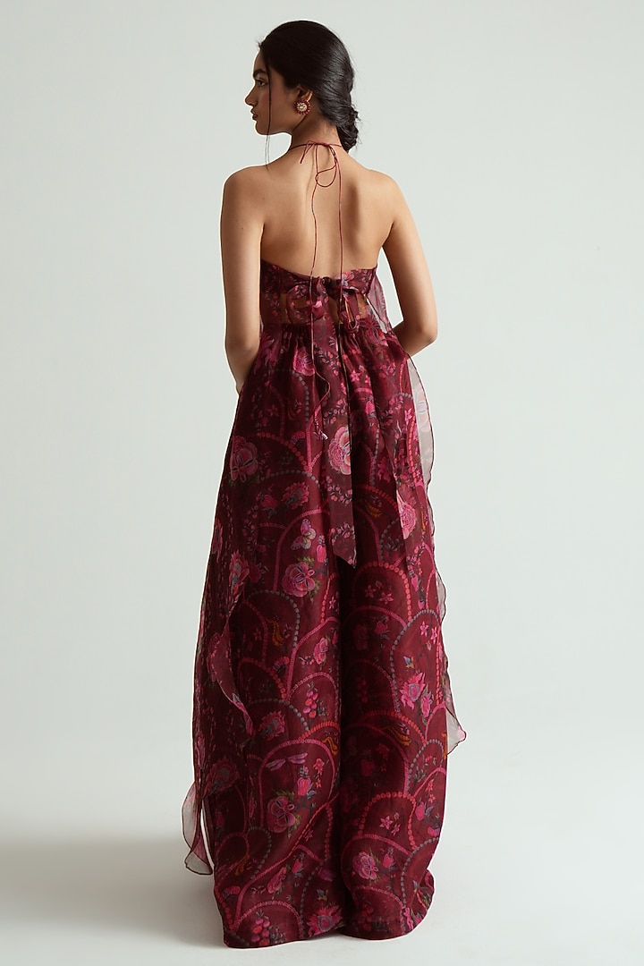 Cherry Red Silk Organza Floral Printed Halter Tunic Set by MMVM at Pernia's Pop Up Shop