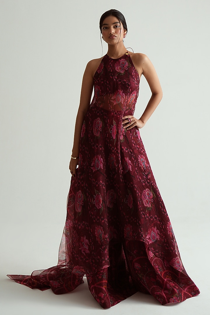 Cherry Red Silk Organza Floral Printed Halter Tunic Set by MMVM at Pernia's Pop Up Shop